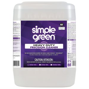 Garrafa de 5 galones del limpiador y desengrasante industrial Simple Green Heavy Duty Precision Cleaner con etiqueta bilingüe y certificación NSF.