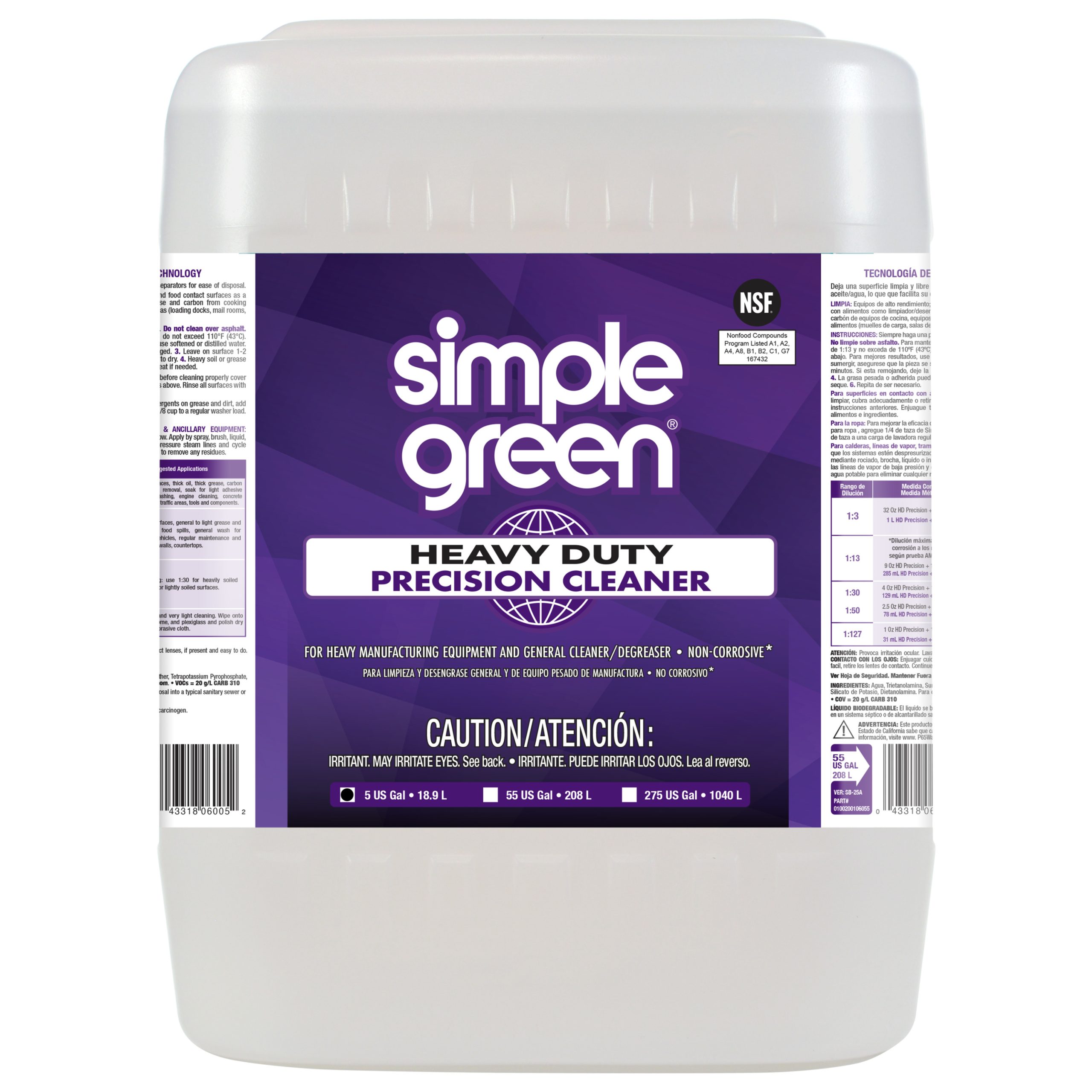 Garrafa de 5 galones del limpiador y desengrasante industrial Simple Green Heavy Duty Precision Cleaner con etiqueta bilingüe y certificación NSF.