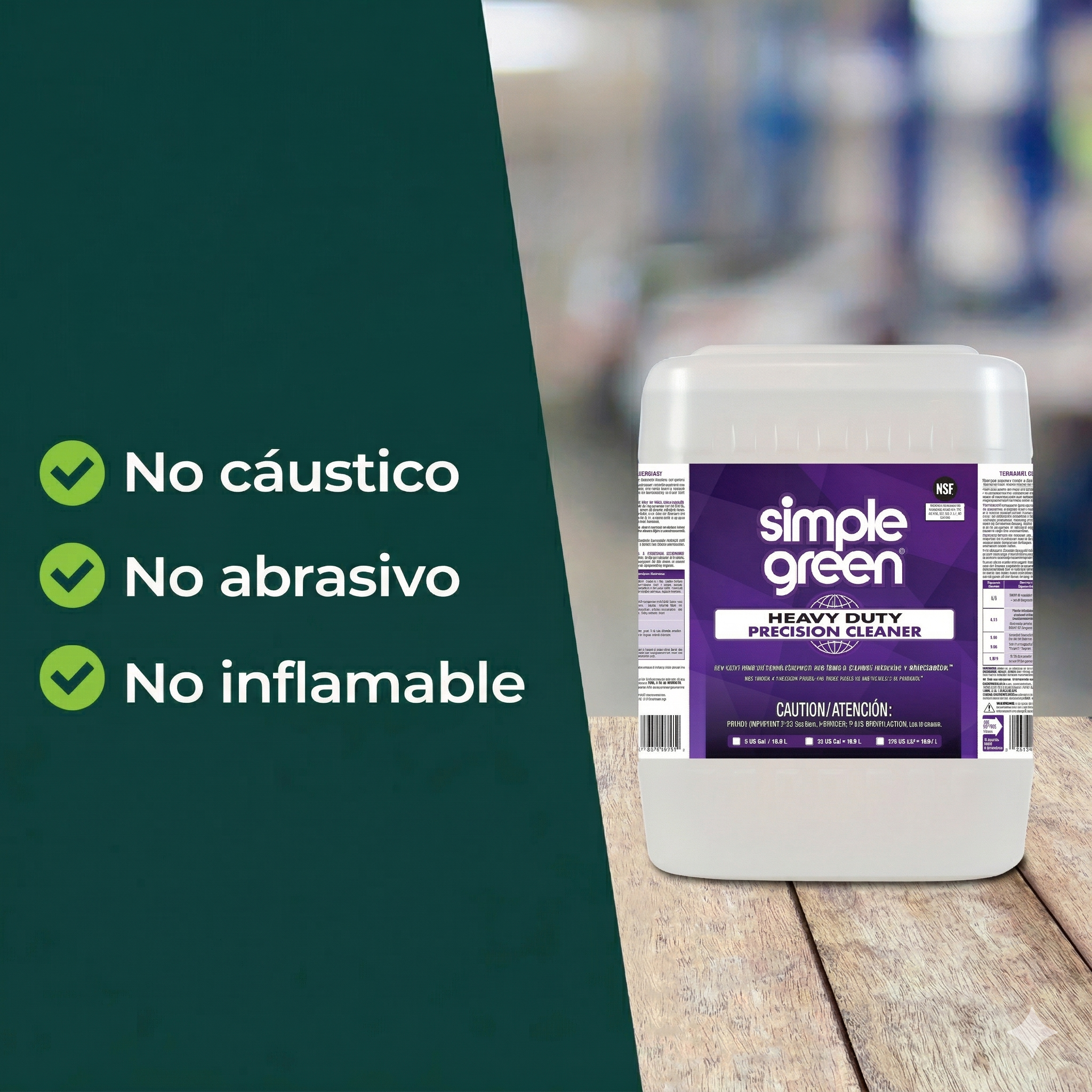 ES_HD Precision Image 1 Garrafa de Simple Green Heavy Duty Precision Cleaner sobre un fondo verde con iconos de verificación. Texto: "No cáustico, No abrasivo, No inflamable".
