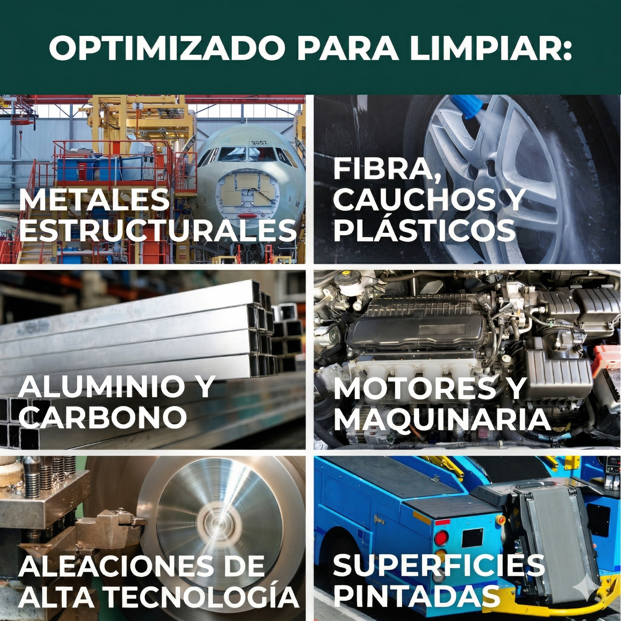 ES_HD Precision Image 3 Composición de seis fotos mostrando metales, fibras, aluminio, motores, aleaciones y superficies pintadas. Texto: "Optimizado para limpiar...".